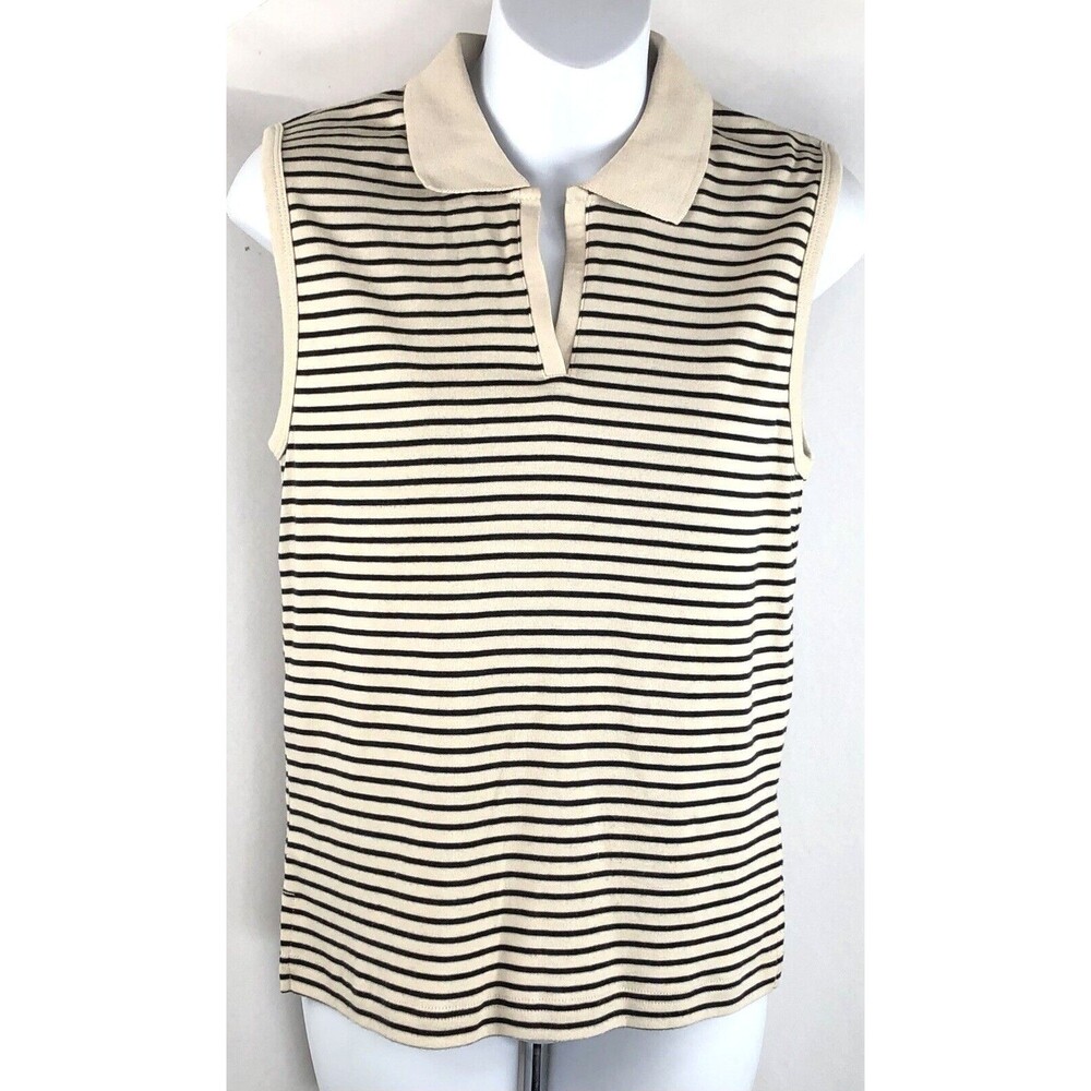 Erika sleeveless knit top M beige blk stripe cut out V-neck collar cotton blend